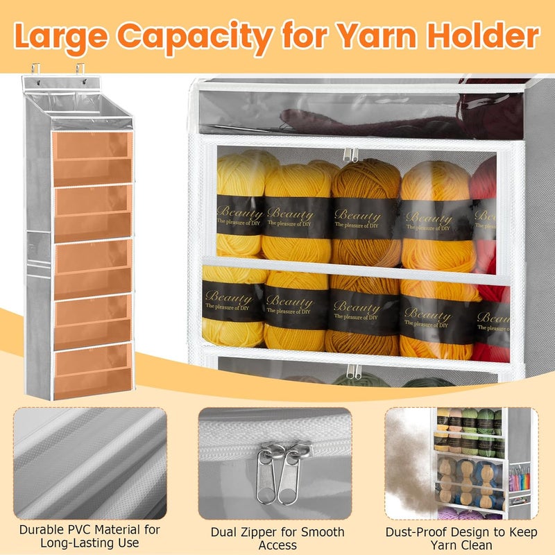 Yncotte Yarn Storage Organizer, Grey Yarn Holder Over the Door Hanging Crochet Kit Storage with 5 Zippered Compartments, Large Capacity Sewing Organizer Gifts for Knitters Needles Crochet Hooks - Image 3